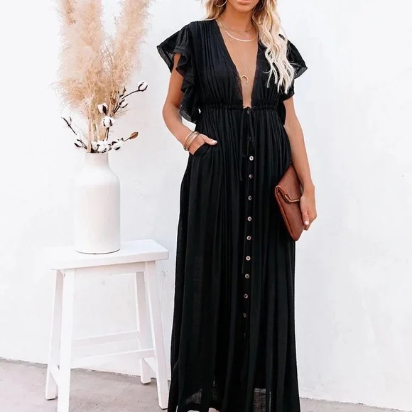 SOLD OUT Black Gauze Boho Raw Hem Button Maxi Dress - Picture 7 of 8